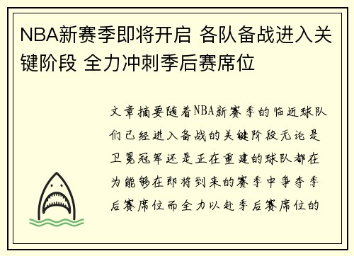 NBA新赛季即将开启 各队备战进入关键阶段 全力冲刺季后赛席位