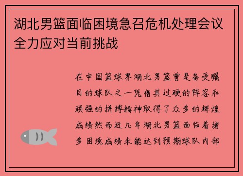 湖北男篮面临困境急召危机处理会议全力应对当前挑战