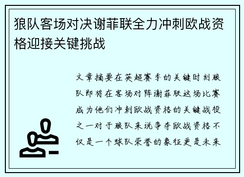 狼队客场对决谢菲联全力冲刺欧战资格迎接关键挑战