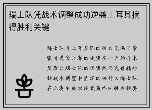 瑞士队凭战术调整成功逆袭土耳其摘得胜利关键