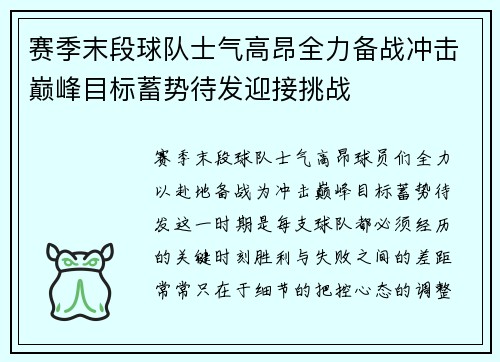 赛季末段球队士气高昂全力备战冲击巅峰目标蓄势待发迎接挑战