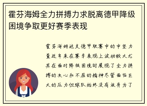 霍芬海姆全力拼搏力求脱离德甲降级困境争取更好赛季表现